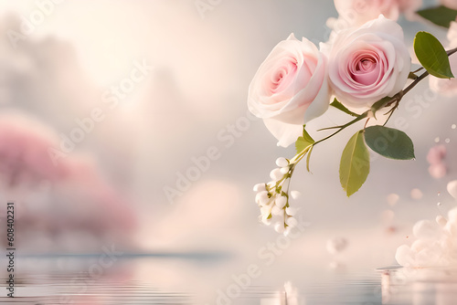 Two pink rose flower with soft white background, some love element effect with copy space for text, good for product presentation & commercial or romantic greeting or banner. Generative AI technology.