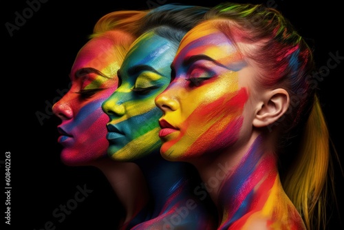 Side view profile portrait of three girls with rainbow make-up for Pride on black background. Rainbow LGBT make-up. Generative AI