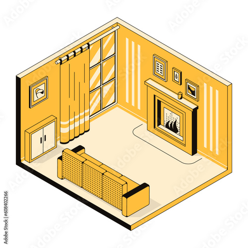 3d living room with fireplace, window and curtain, stand. Interior design concept, furniture arrangement. Cozy room, home, hotel, flat, house, indoor environment. Vector linear isometric illustration