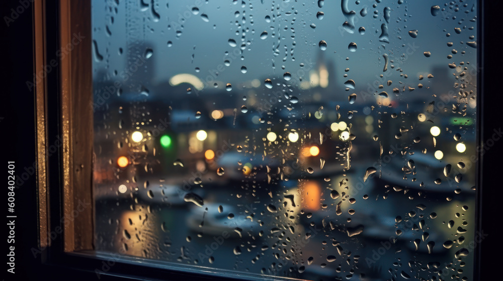 Nightfall Serenade: Raindrops on Harbor's Window. Generative ai