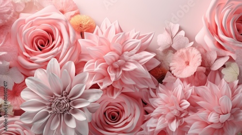 Pink and soft colors flowers abstract background with copy space. Generative AI.