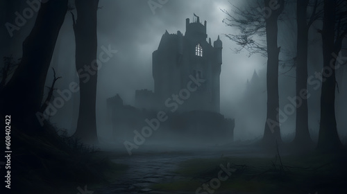 Castle in the mist. Generative Ai photo