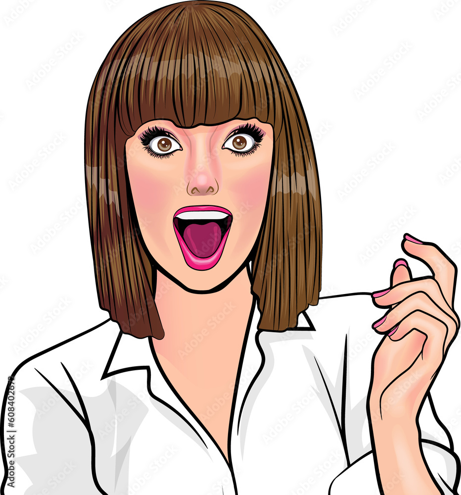 Pretty woman short hair wondering shocked, surprised happy Pop Art Comic Style