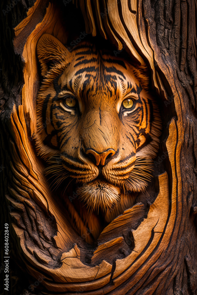 Mystical and captivating, this divine tiger face emerges from a magical tree's trunk, evoking