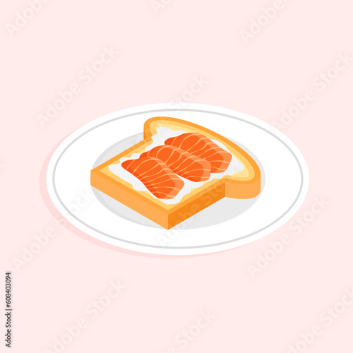 Isometric salmon toast icon. Tasty healthy breakfast. Delicious open sandwich with smoked fish slices and cream cheese. Vector illustration isolated.
