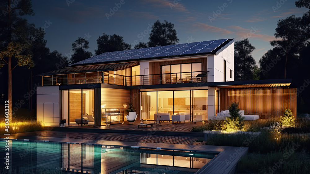 Modern House with Solar Panels on the Roof. Eco House, Energy Effective House, Green Energy concept. Created with generative AI technology