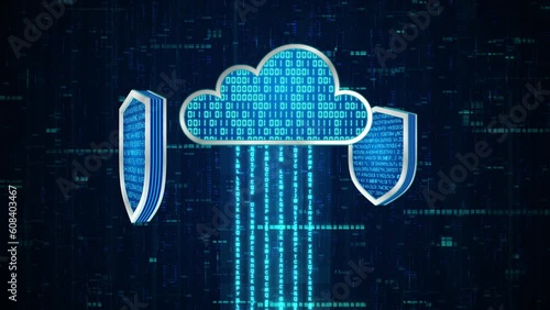 3D 4 shield with encryption data rotate around cloud system with blue binary code, Data upload to cloud system with protection, Privacy security protection network encode decode online access concept
