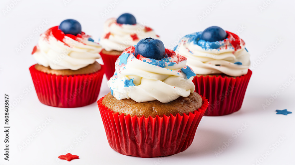 Three cupcakes with white frosting and blueberries on top. AI generative. Patriotic sweets for celebrating Independence day, Fourth of July.