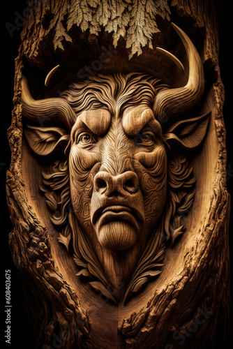 Captivating image of a divine bull deity's face masterfully carved into the trunk of a magical, powerful tree - evoking awe and wonder for every viewer. Generative AI