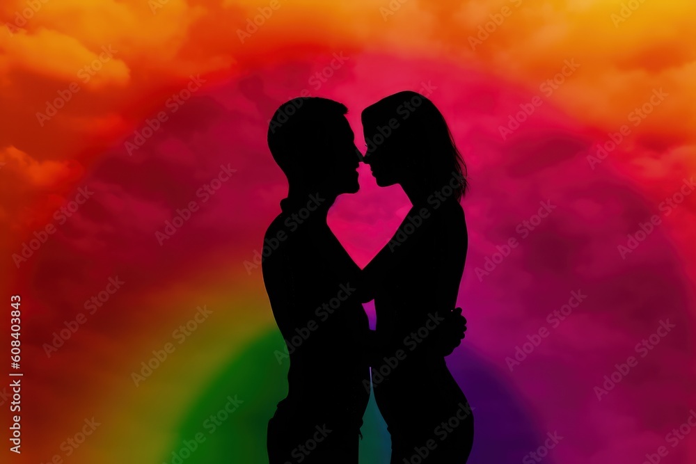 Silhouettes of woman and man on rainbow background. Concept of lgbt happy Pride month. Generative AI