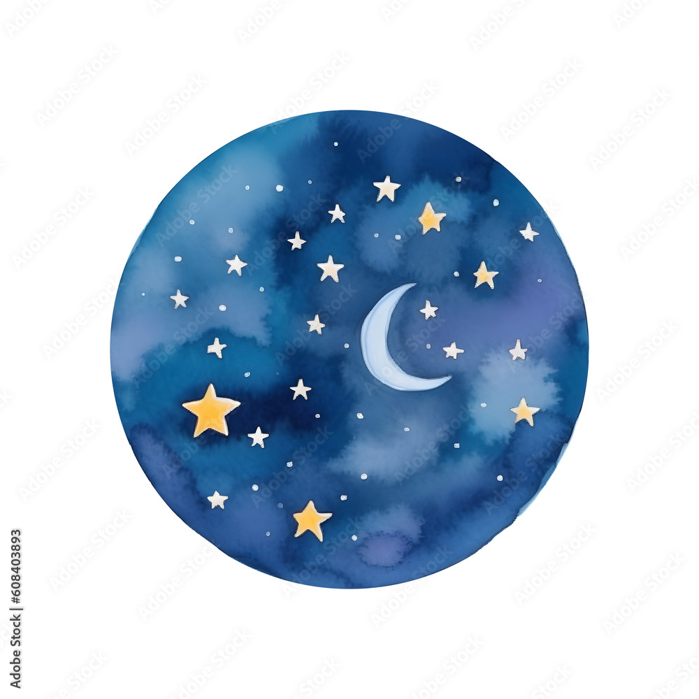 Cute Night Moon Stars Watercolor. Night Sky with Lot of Shiny Stars. Hand Drawn illustration. baby shower invitation card. Cute Night Moon Stars Watercolor. Night Sky with Lot of Shiny Stars. Hand Drawn illustration. baby shower invitation card.