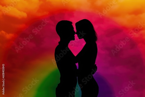 Silhouettes of woman and man on rainbow background. Concept of lgbt happy Pride month. Generative AI