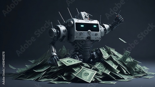 Robot submerged by a mountain of money