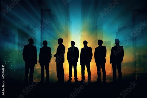 Silhouette of a group of business people outlines with a lit background. Generative AI