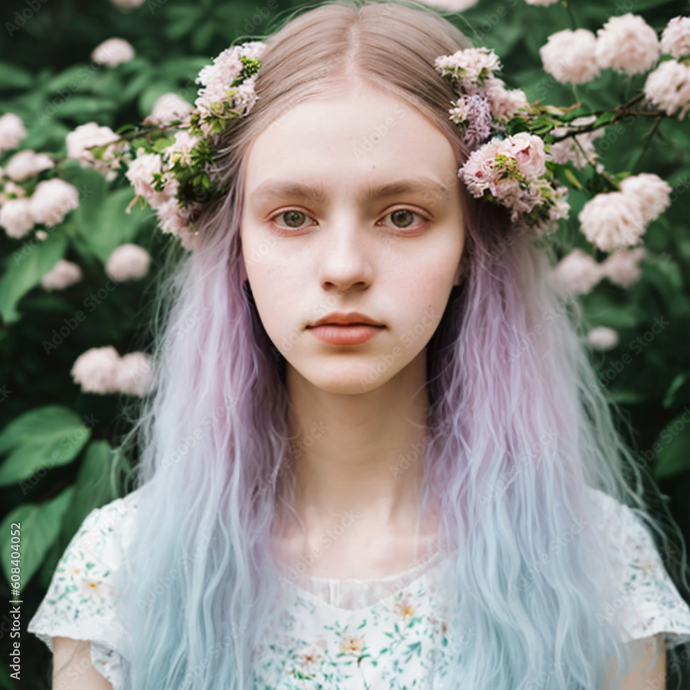 Generative AI ethereal portrait of a person surrounded by soft pastel flowers and foliage