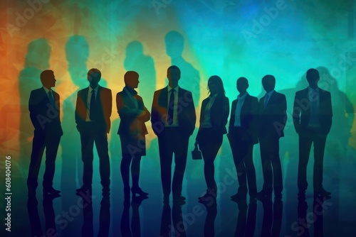 Silhouette of a group of business people outlines with a lit background. Generative AI