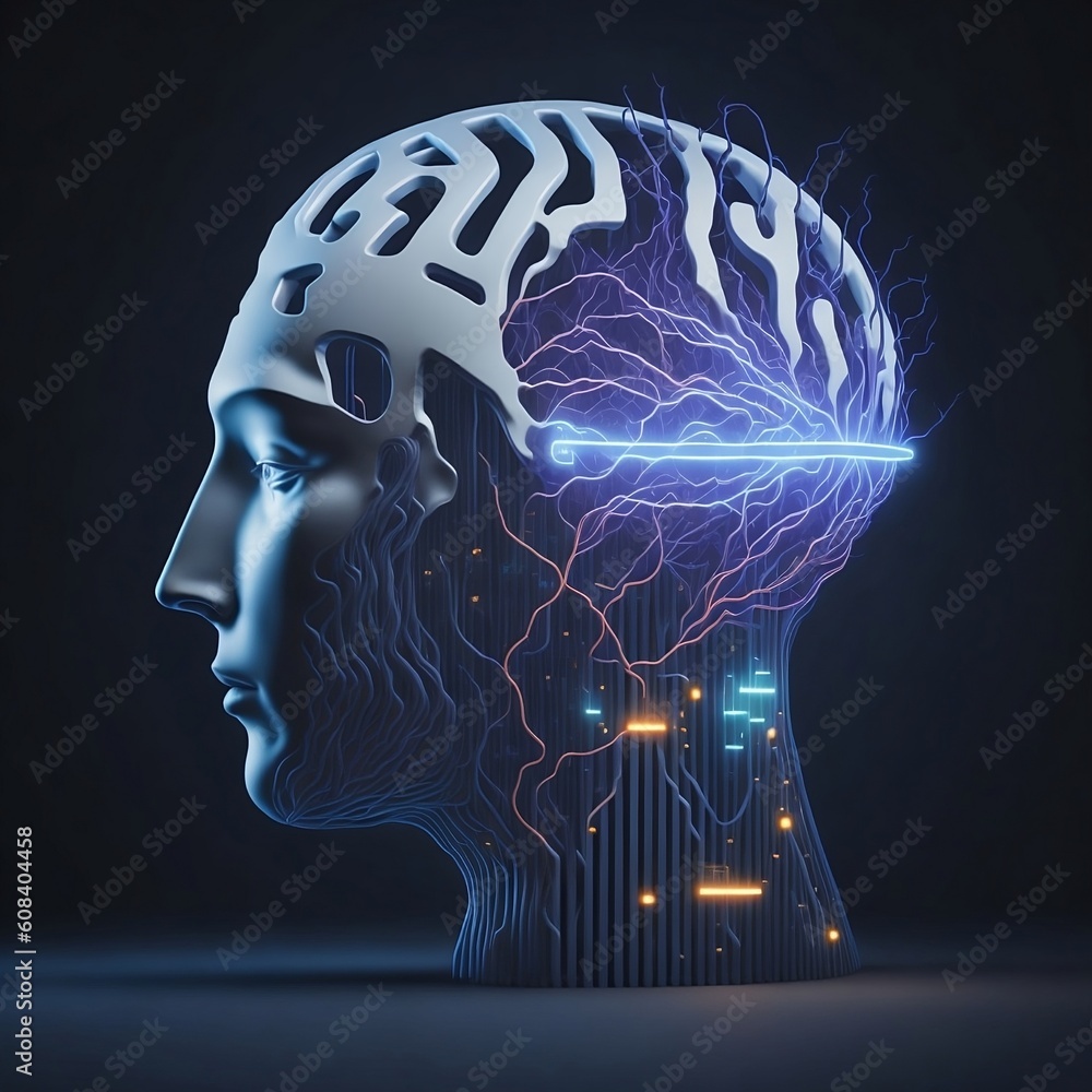Obraz premium Head with brain, electrical circuits, electronic components and light trails