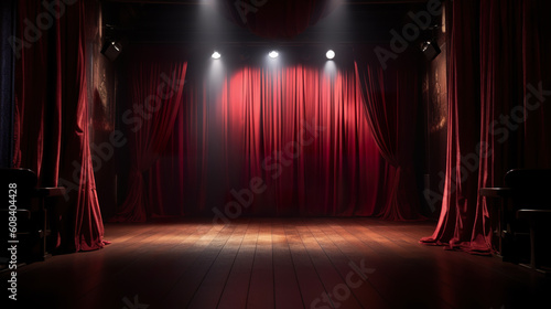 An empty stage with red curtains and spotlights. Generative AI.