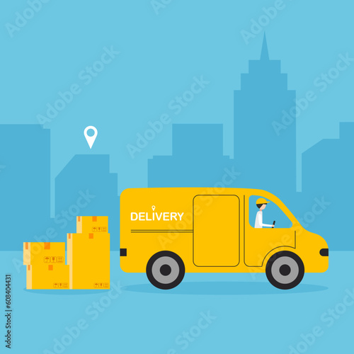 Express delivery by van. Truck with heap of boxes on a street background. Fast shipping service icon. Online order tracking. Vector illustration.