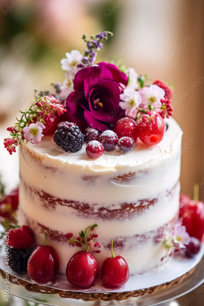 A close up of a cake with berries on it. Generative AI. A close up of a cake with berries on it. Generative AI.