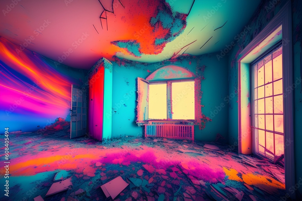 Colorful Dreamscape in abandoned big house - generative ai