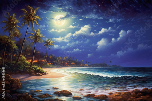 A painting of a beach at night with a full moon. Generative AI.