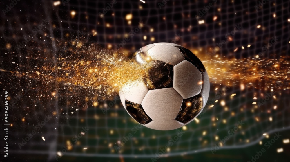 Fototapeta premium Soccer ball hitting the net with glitter effect and high speed. Generative AI.