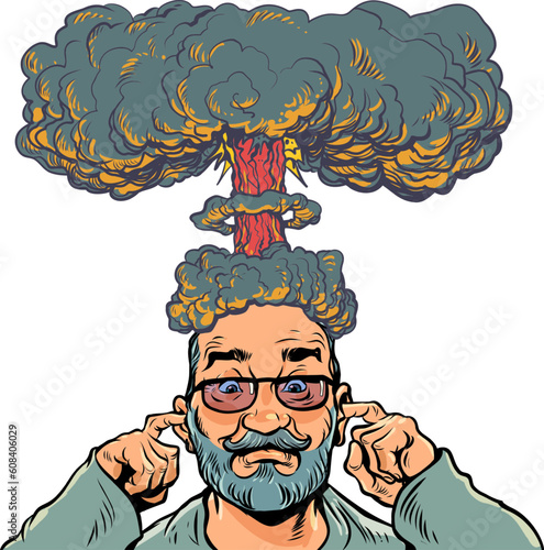 Brain explosion. A strong load on the thoughts of a person. A man with a beard and glasses plugs his ears while he has an explosion on his head. Pop Art Retro