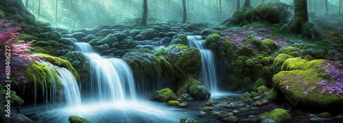 Fantasy landscape with waterfalls  panorama. Generative AI