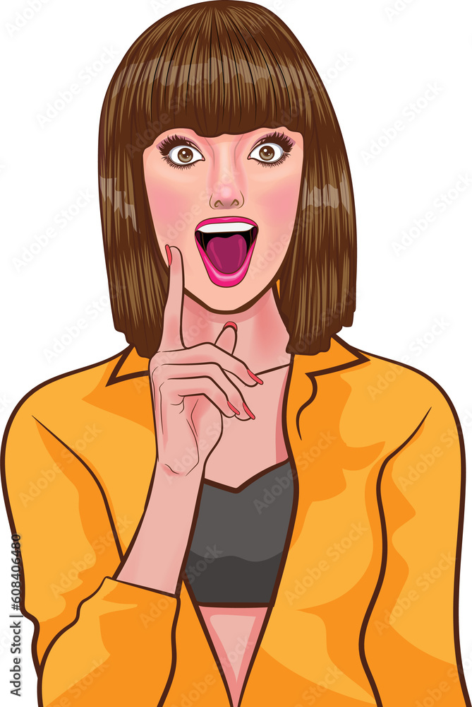 Pretty woman short hair wondering shocked, surprised happy Pop Art Comic Style Pretty woman short hair wondering shocked, surprised happy Pop Art Comic Style