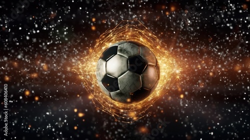 Soccer ball hitting the net with glitter effect and high speed. Generative AI. © nadunprabodana