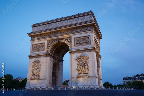 The famous Triumphal Arch in early morning , Paris, France.