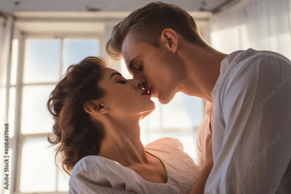 Kissing couple is lying in bed together created with ai generative tools Kissing couple is lying in bed together created with ai generative tools