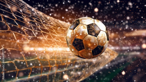 Soccer ball hitting the net with glitter effect and high speed. Generative AI.