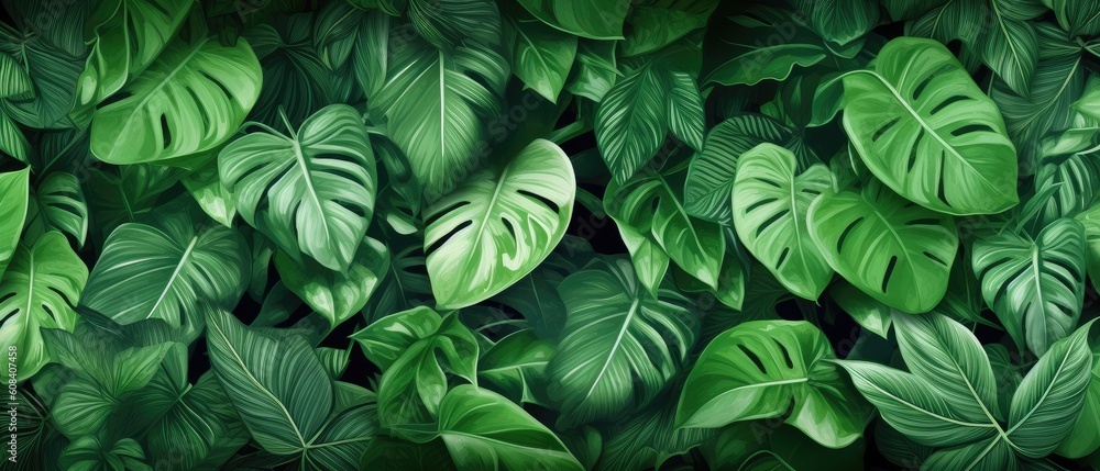 Background of tropical green leaves. Banner layout for a text field. the concept of recreation and travel. Background with tropical green leaves of monstera.. generative ai Background of tropical green leaves. Banner layout for a text field. the concept of recreation and travel. Background with tropical green leaves of monstera.. generative ai