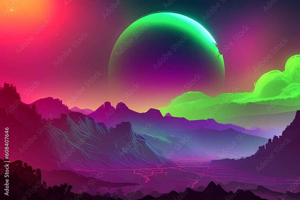 Cosmic Jungle Night, dramatic landscape with neon lights - generative ai