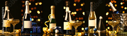 Collage with champagne and Christmas decor on dark background