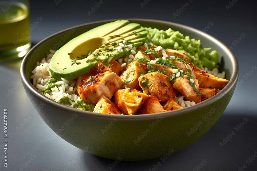 Avocado Mojo Bowls with Sweet Potato and Chicken on gray background. Generative Ai content Avocado Mojo Bowls with Sweet Potato and Chicken on gray background. Generative Ai content