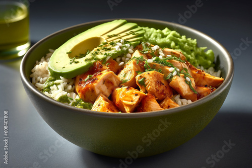 Avocado Mojo Bowls with Sweet Potato and Chicken on gray background. Generative Ai content