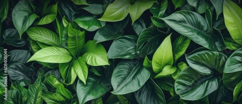 Background of tropical green leaves. Banner layout for a text field. the concept of recreation and travel. Background with tropical green leaves. generative ai