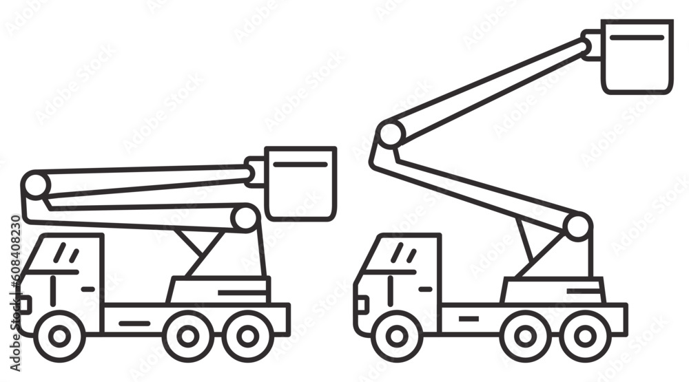 Bucket truck line icon.Bucket boom truck side view.Aerial platform.Crane truck with basket.Bucket boom truck.Picker high lift platform.Vector outline illustration.Isolated on white background. Bucket truck line icon.Bucket boom truck side view.Aerial platform.Crane truck with basket.Bucket boom truck.Picker high lift platform.Vector outline illustration.Isolated on white background.