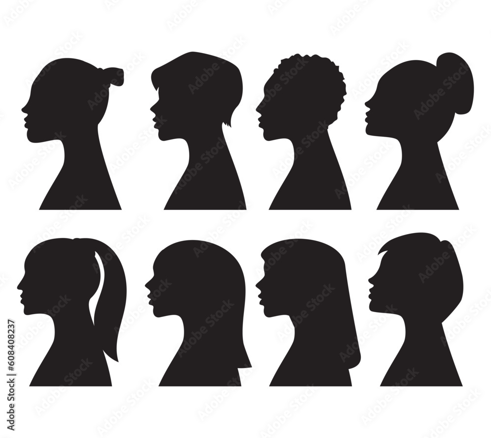 Silhouettes of girls hairstyles. Black silhouette of head girls.Woman face.Female faces profiles.Isolated on white background.Vector illustration.