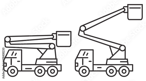 Bucket truck line icon.Bucket boom truck side view.Aerial platform.Crane truck with basket.Bucket boom truck.Picker high lift platform.Vector outline illustration.Isolated on white background.