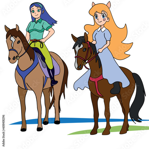 Vector flat colorful illustration ready to print: anime girl horse rders