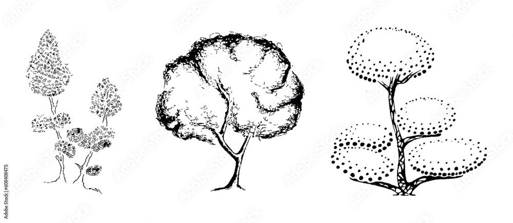 Set of tree Minimal style cad tree stilization line graphics trees ...