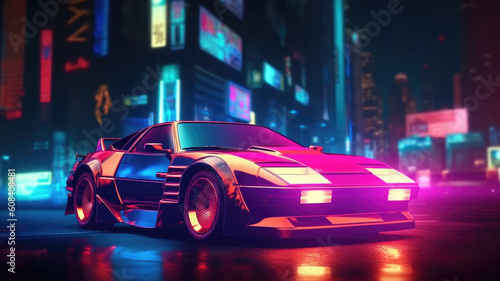 Futuristic sport car with retro design at night city street with neon glowing lights. Cyberpunk background. Created with Generative AI © Lazy_Bear