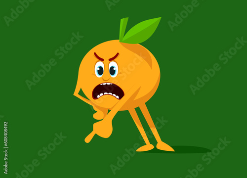 Emotional angry orange cursing and pointing finger. Flat vector illustration of evil fruit.