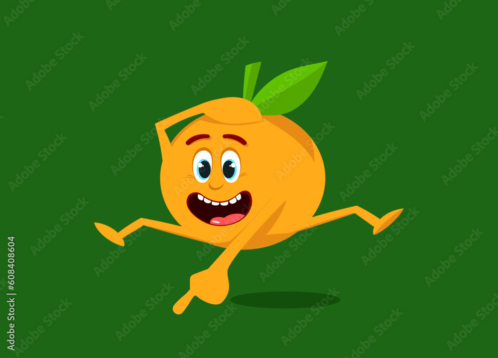 Obraz premium The emotional orange suddenly saw something joyful, jumped up, grabbed his head and points with his finger. Flat vector illustration of surprised fruit.