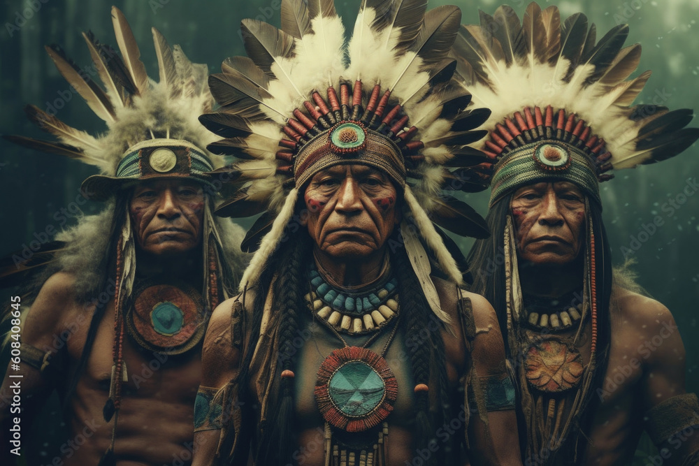Portrait of indigenous tribe. Traditional Indians with painted faces. Native american people. Created with Generative AI