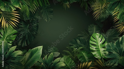 Background of tropical green leaves. Banner layout for a text field. the concept of recreation and travel. Background with tropical green leaves of monstera.. generative ai